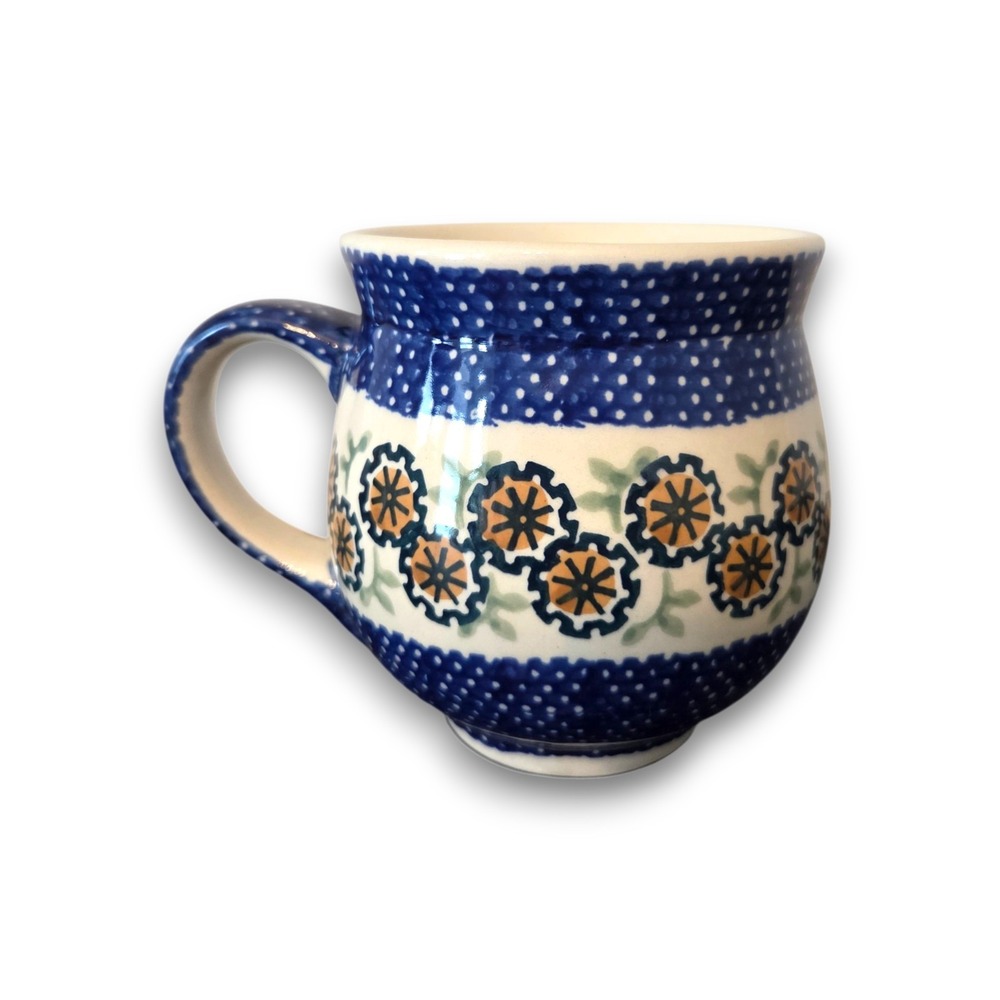 Polish Pottery Boleslawiec Blue Floral Bubble Belly Mug Coffee Cup 16 oz Large